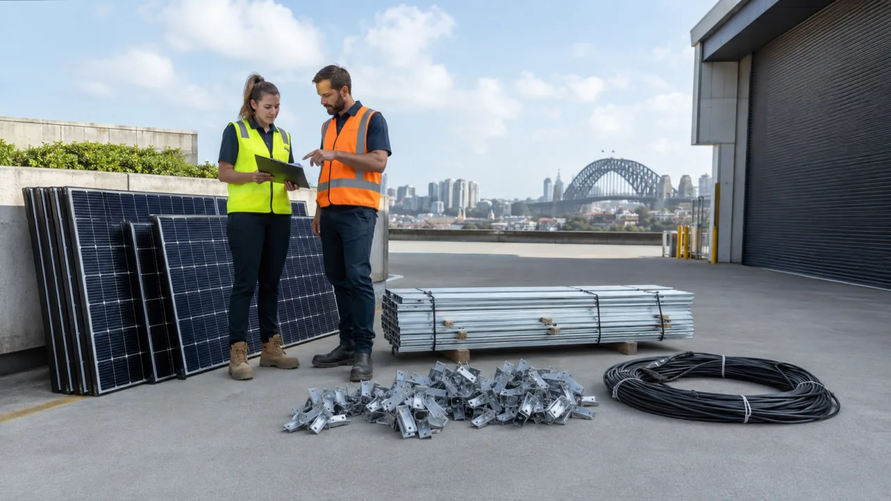 Project team reviewing a component inventory beside separately grouped removed panels, rails, clamps and cable bundle