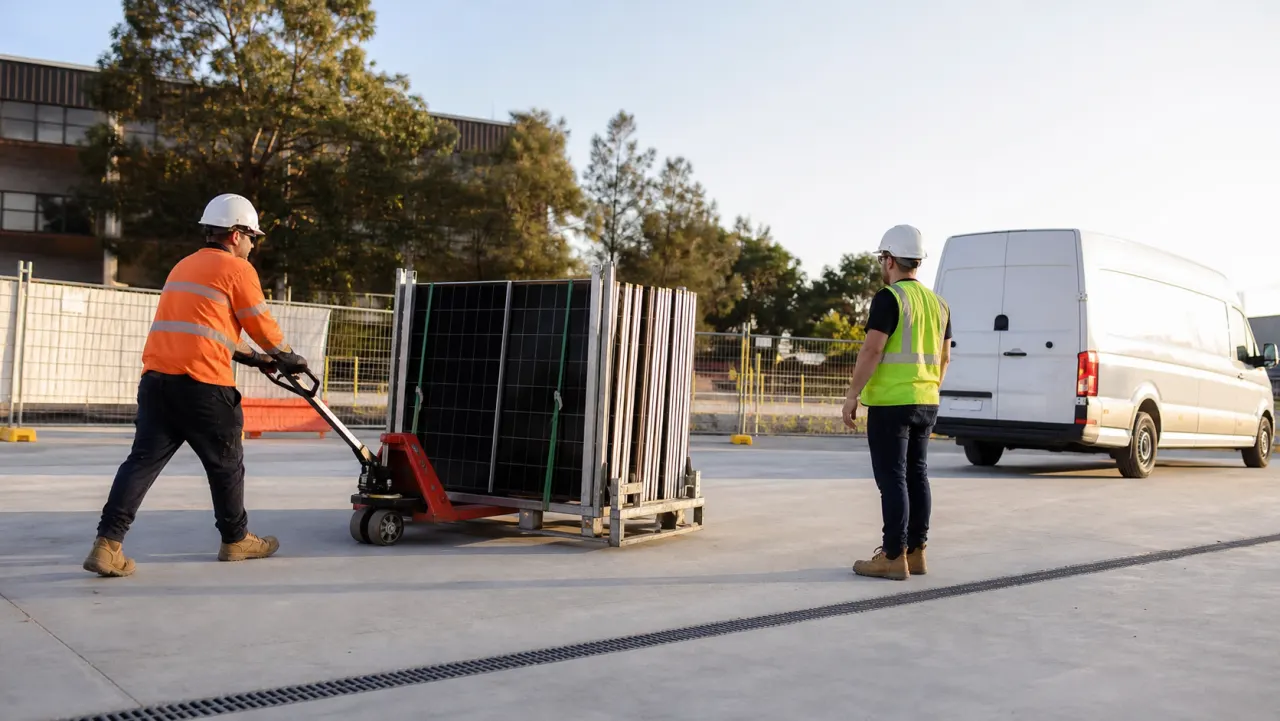 Worker moving a secured rack of removed solar panels along a clear ground-level route at a construction site