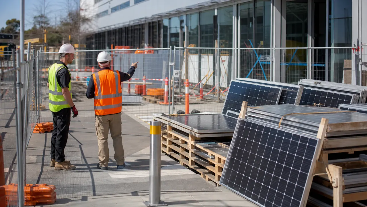 Construction supervisor and solar contractor coordinating a protected ground-level solar panel staging area at a Sydney commercial site