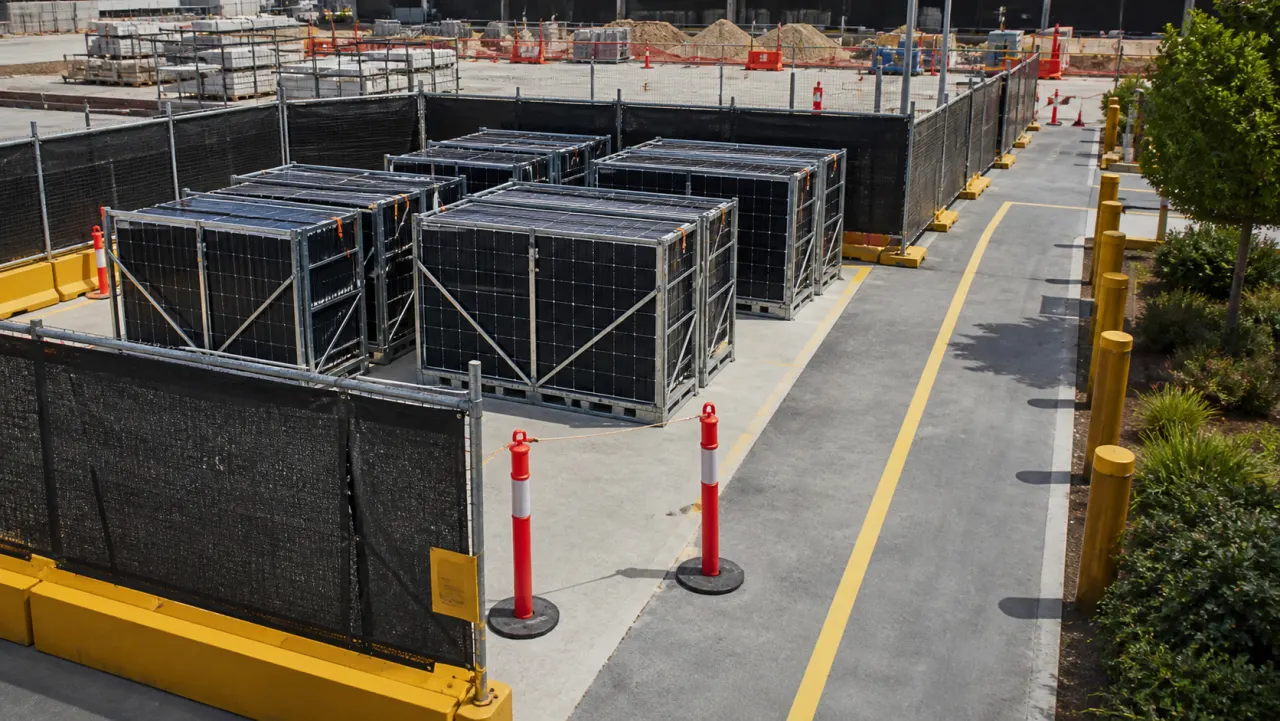 Protected ground-level staging bay with racked removed solar panels separated from a clear construction-site access route