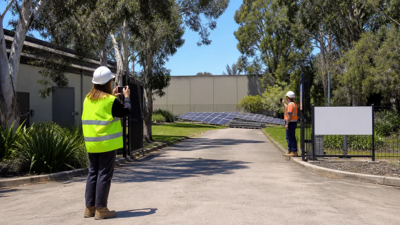 Project staff checking access and documenting a clear route to safely staged removed solar panels at an NSW commercial site