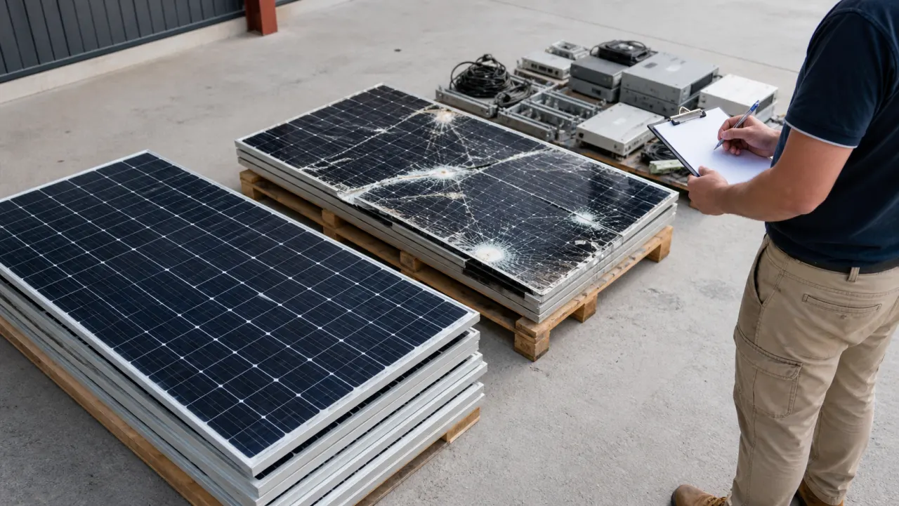 Removed solar panels grouped by visible condition with related components at an NSW project handover area