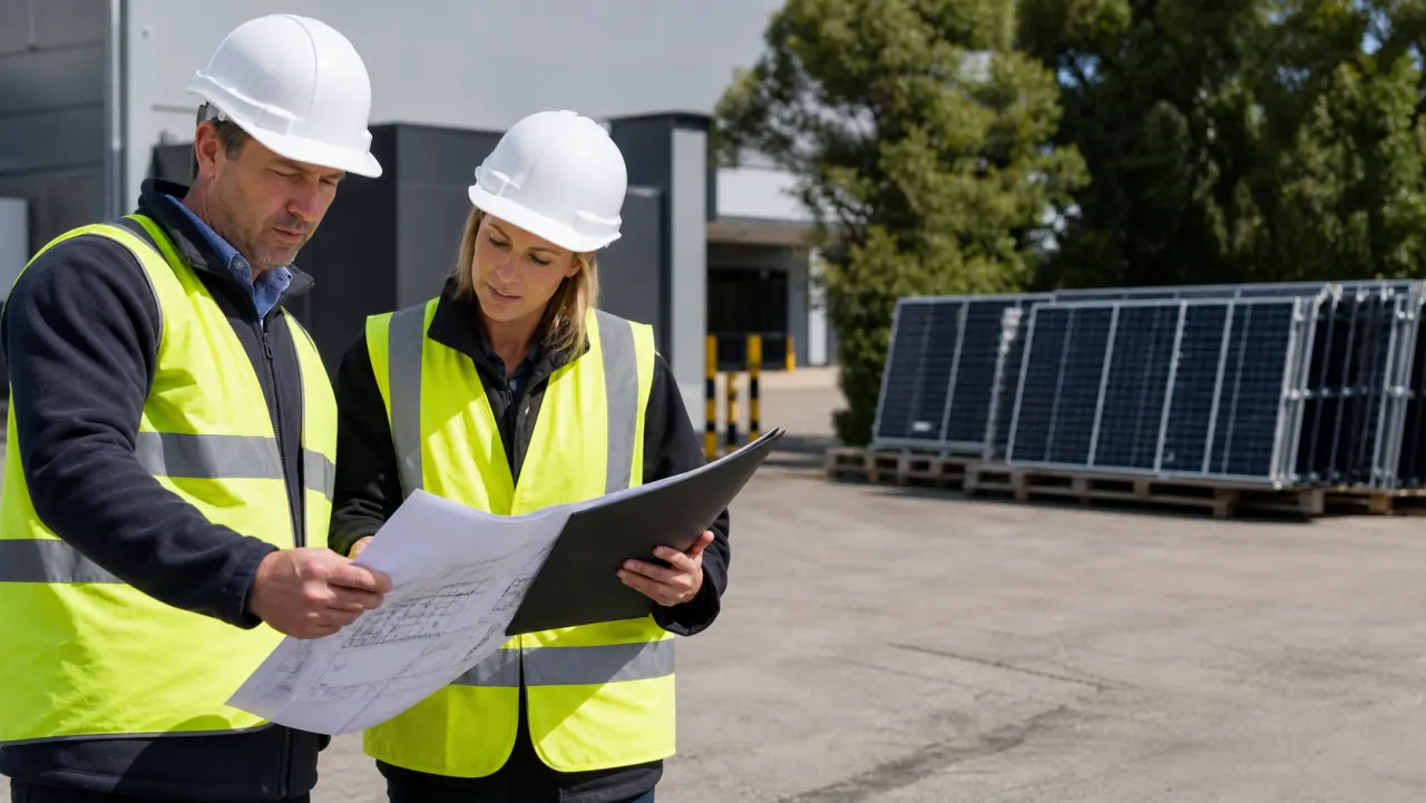 NSW commercial project team reviewing a solar panel handover plan beside safely staged removed panels