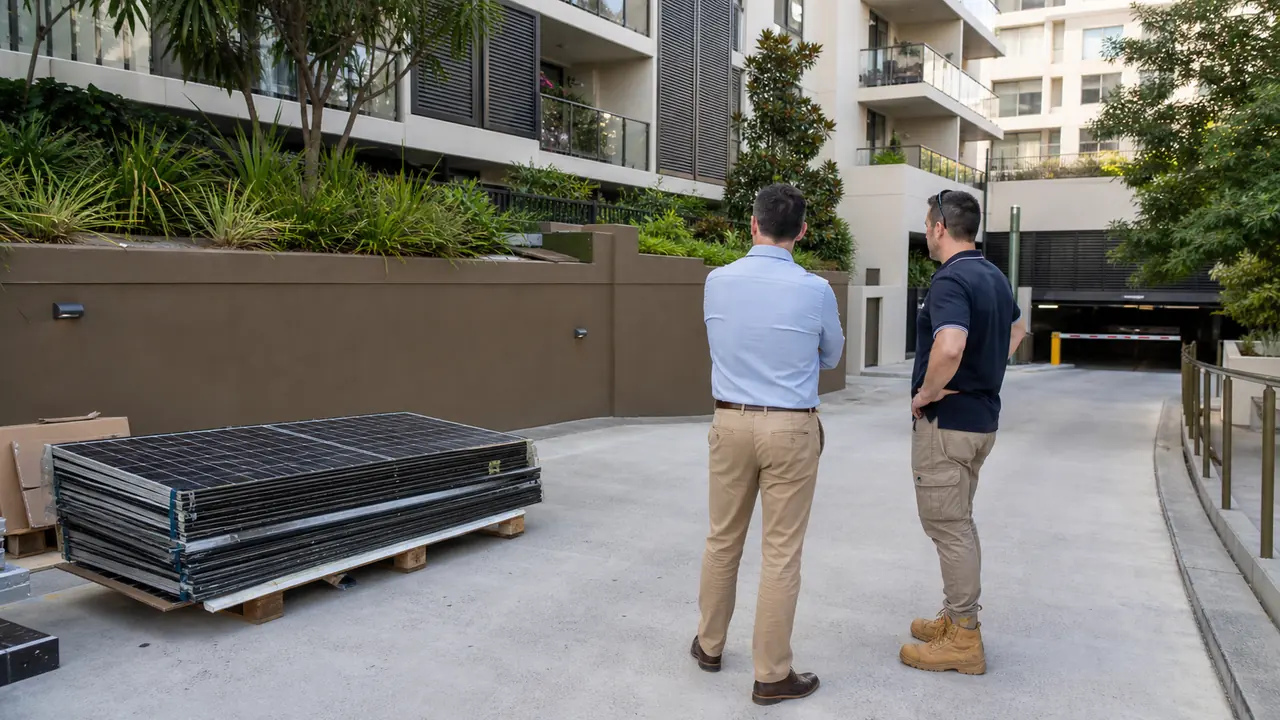 Apartment-building site contacts reviewing shared driveway access beside safely staged removed solar panels