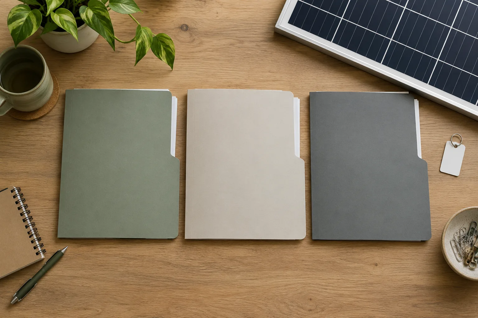 Plain unlabelled folders, access tag and small solar-panel edge arranged on a facilities desk