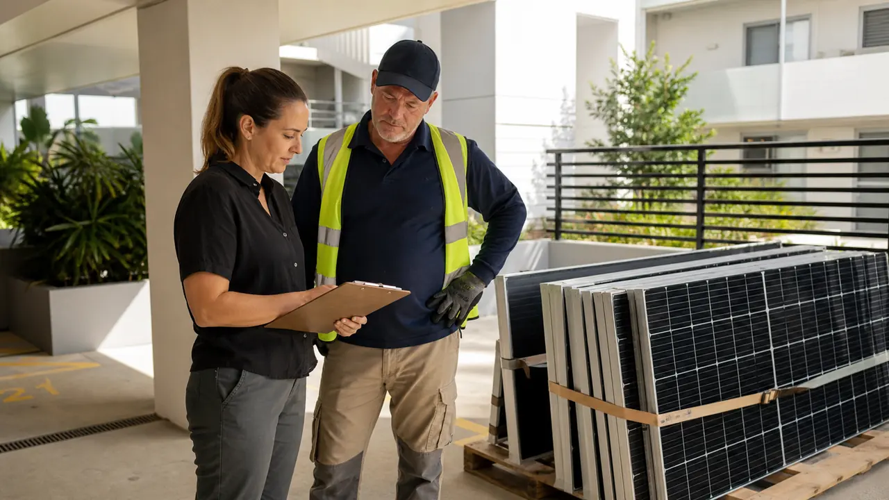 Site coordinator and contractor checking a handover list beside safely staged removed solar panels at an apartment building