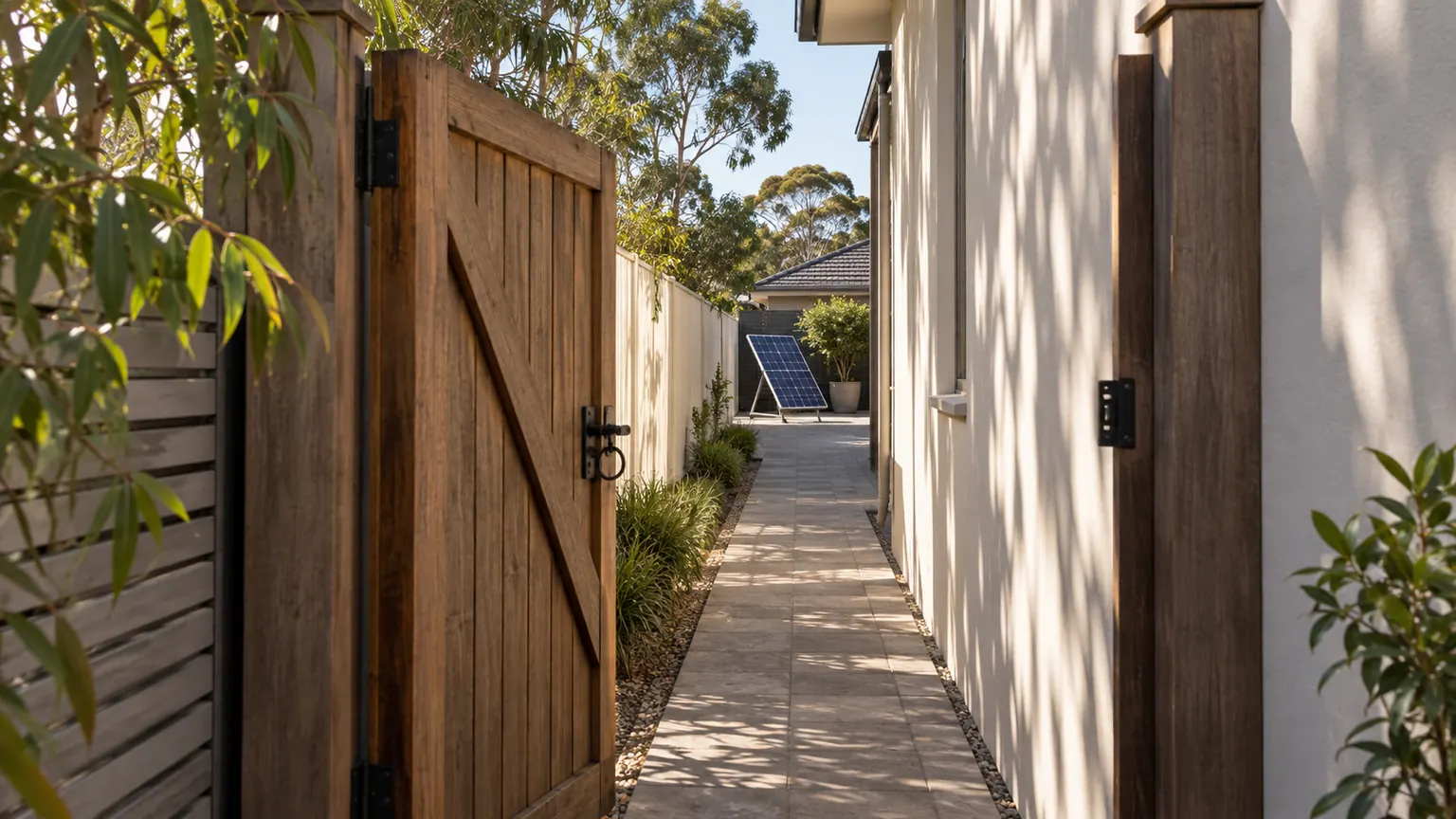 Open timber gate leading along a narrow paved side passage to a distant solar module