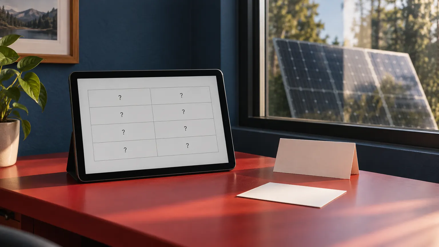 Tablet with an empty grid and question marks on a red desk beside blank cards and a window