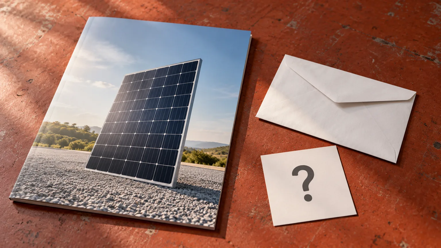 Solar-module picture brochure, plain closed envelope and a question-mark card on a reddish table