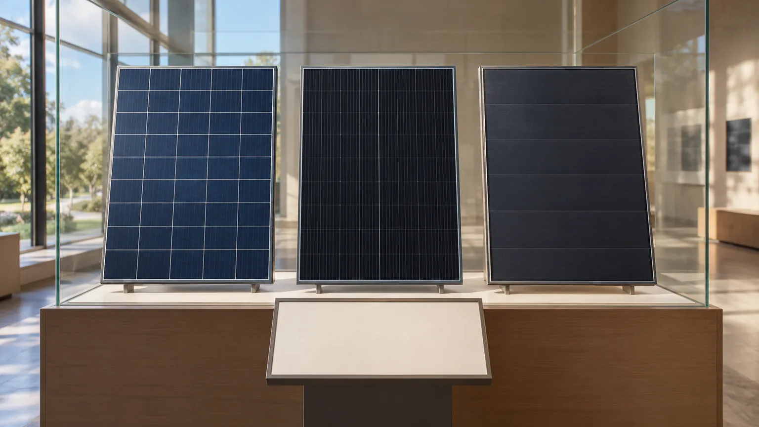 Three photovoltaic modules with different visible surface patterns behind glass and a blank foreground display card