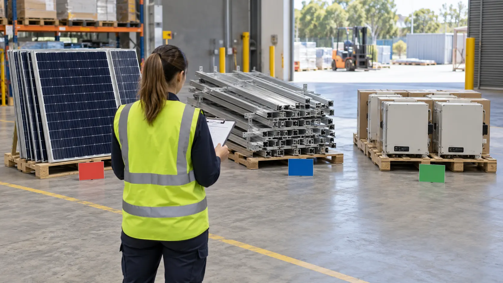 Separate warehouse groups of solar panels, rails and boxed inverters with blank inventory tags