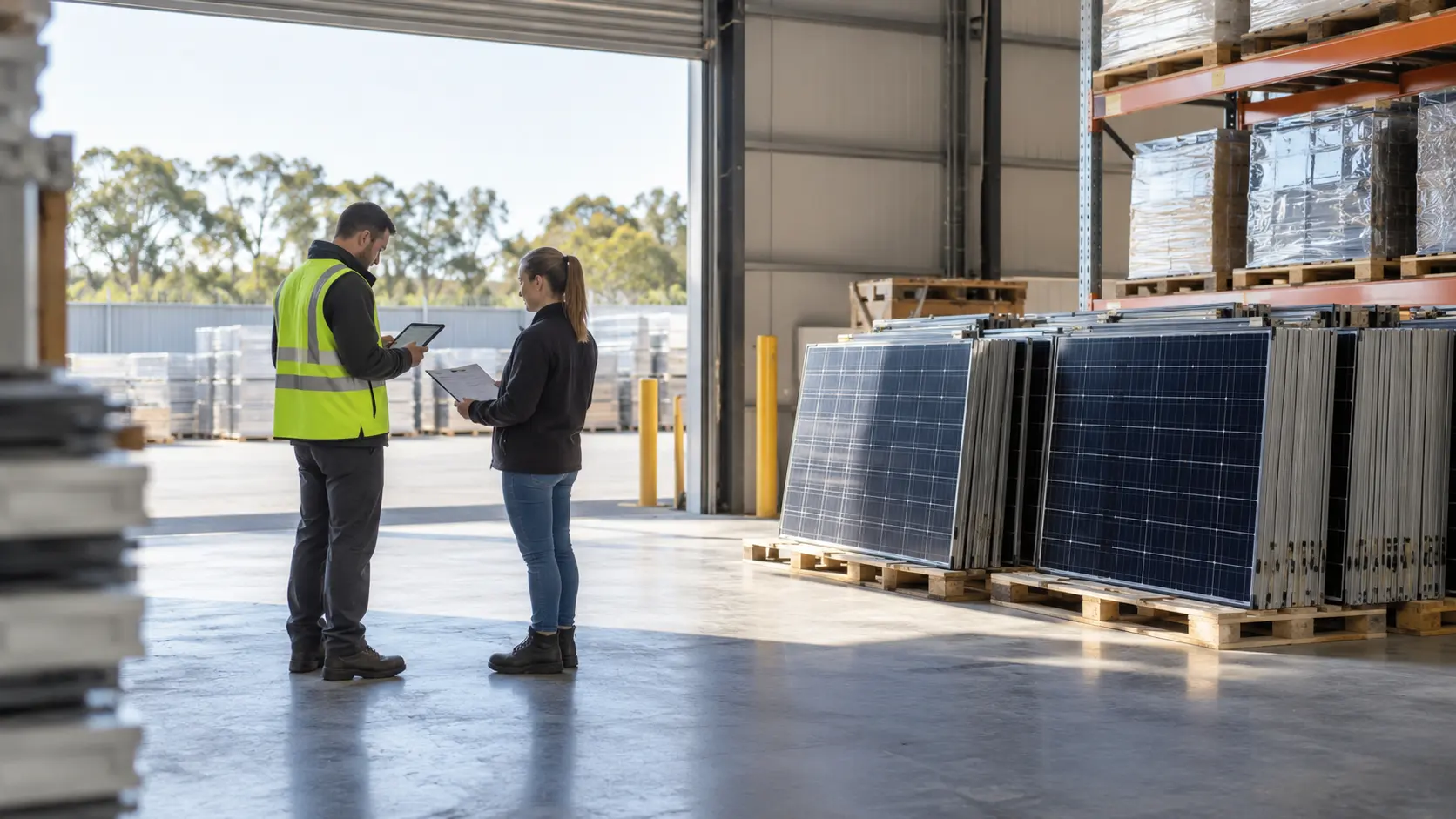 Warehouse coordinator comparing a current clipboard record with a tablet beside staged solar panels