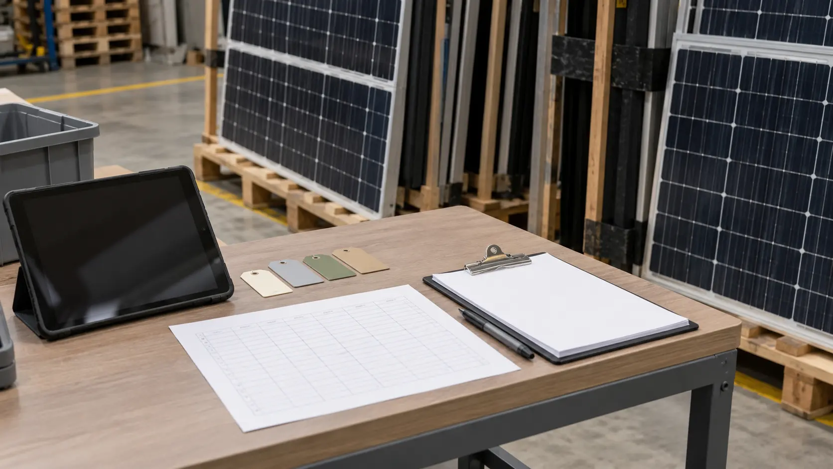 Warehouse workbench with category labels, clipboard and grouped solar equipment