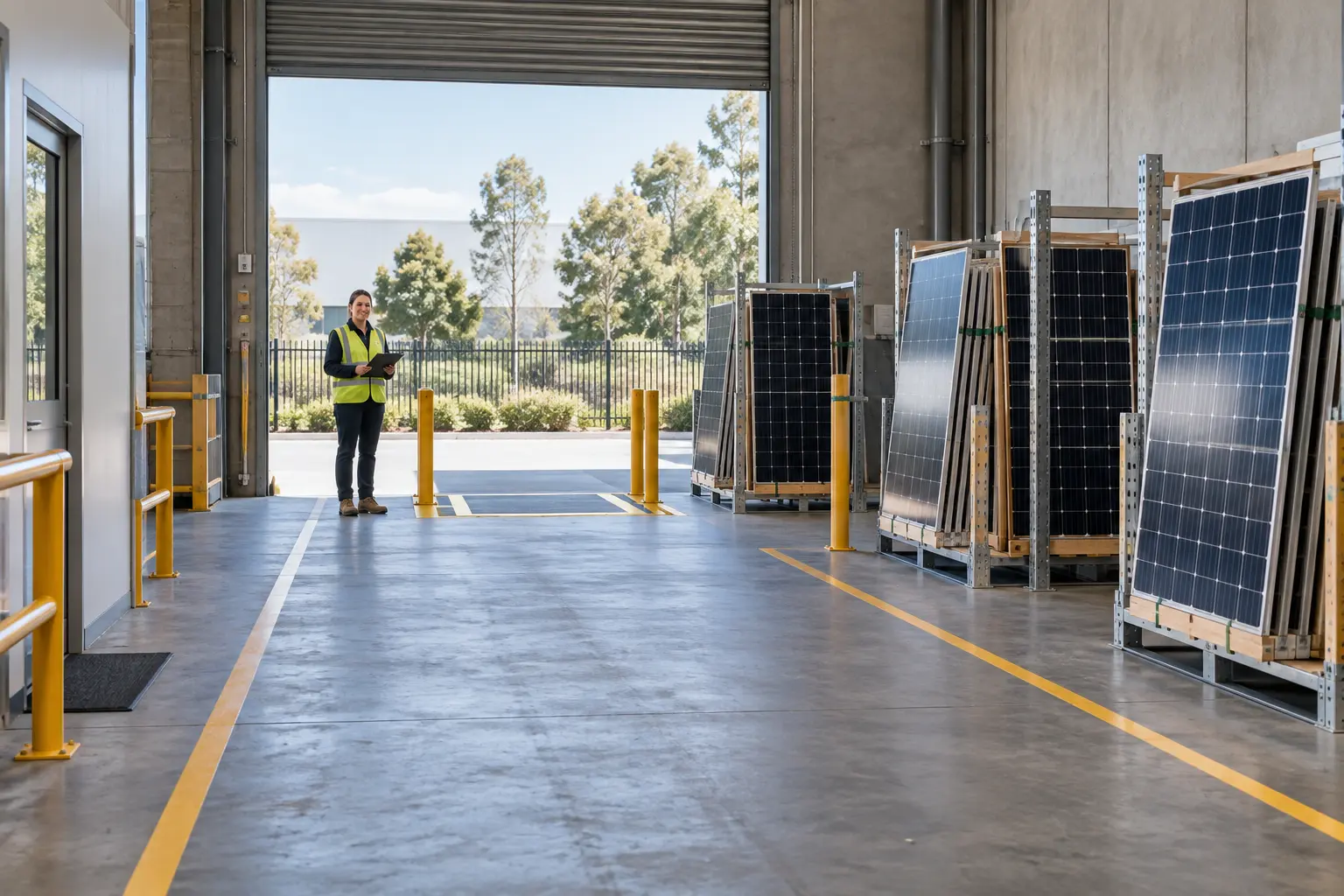 Illustrative clear warehouse handover route between staged solar panels and an external loading area