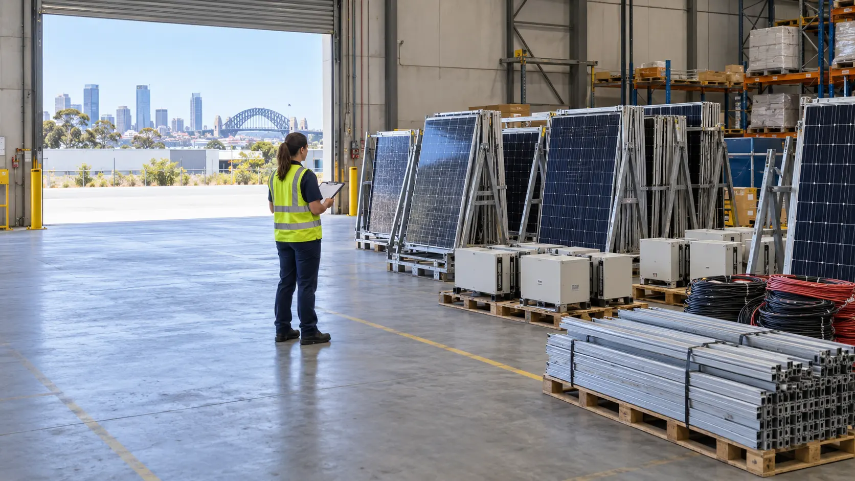 Illustrative Sydney warehouse with separated solar panels prepared at ground level for collection planning