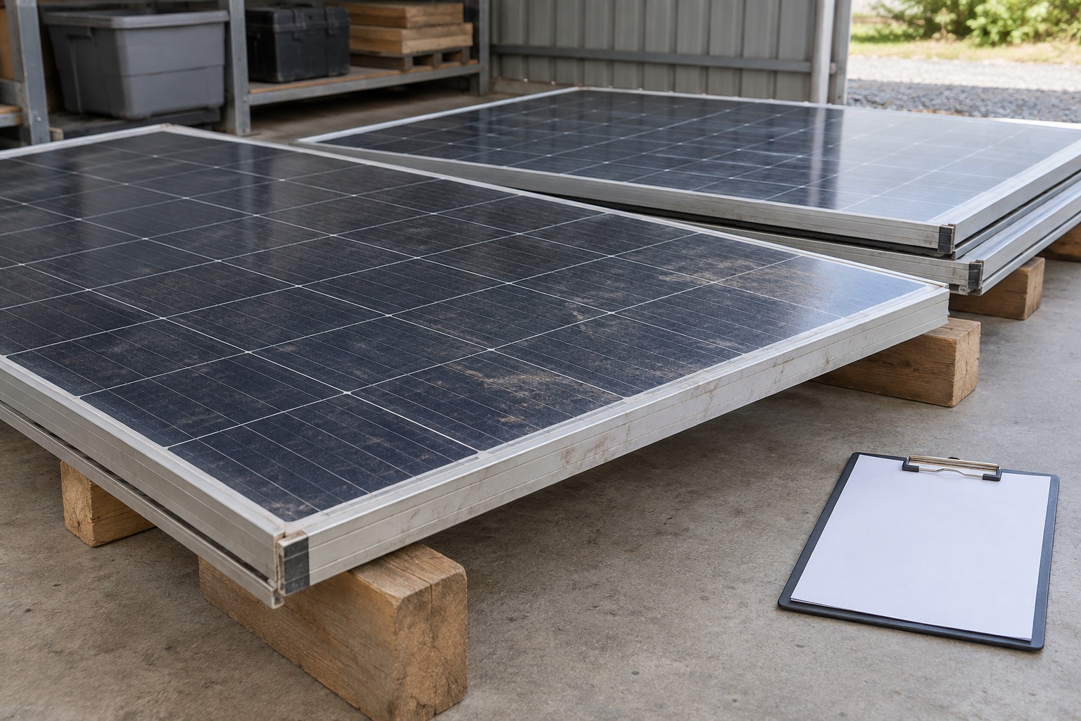 Editorial view of removed solar panels in a generic covered staging area
